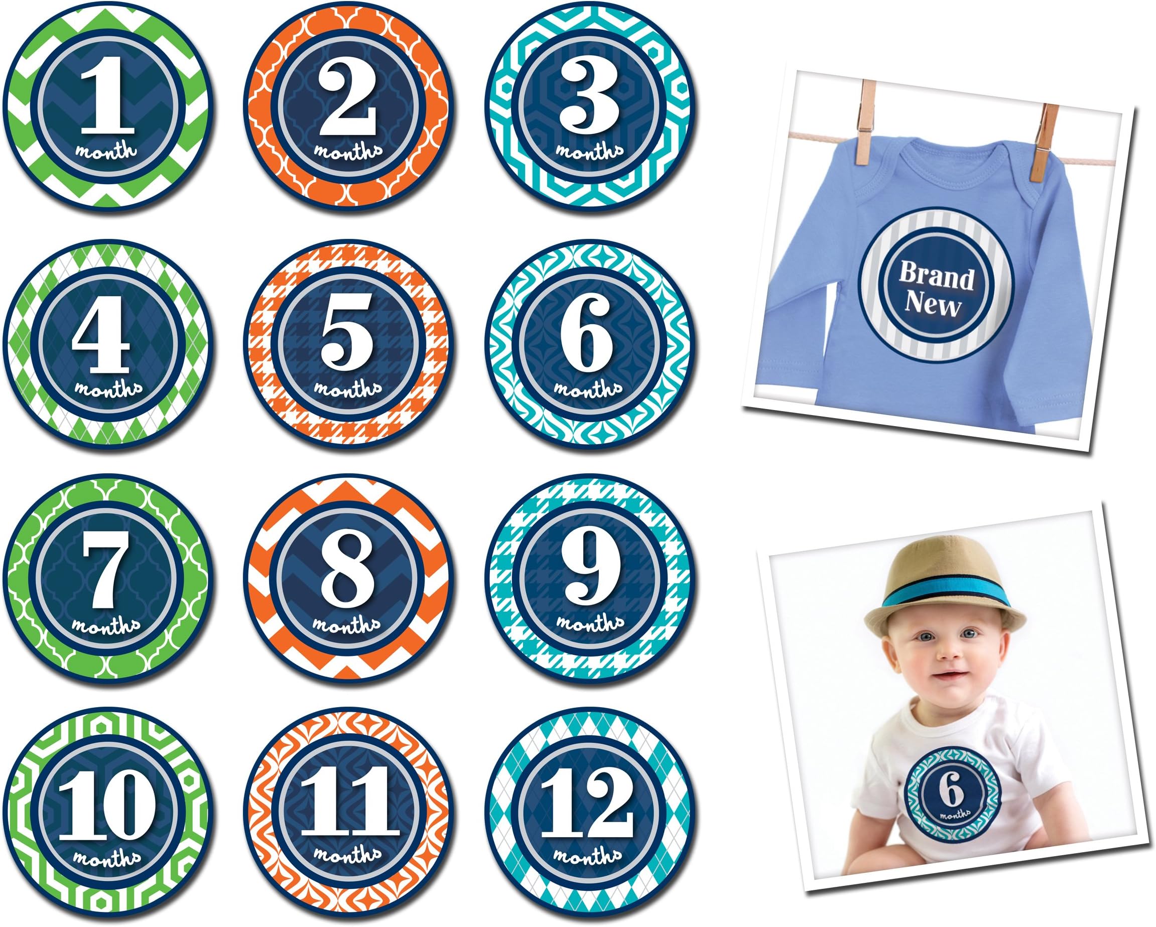 Sticky Bellies Monthly Milestone Stickers, Prepster, 1-12 Months with additional Just Born Sticker
