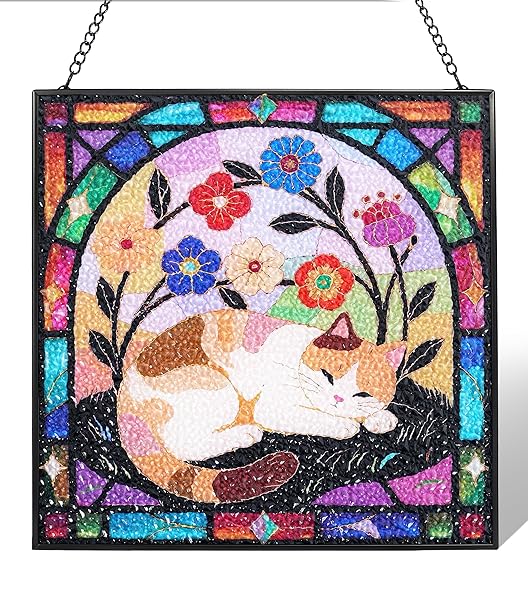 CAT STAINED GLASS WINDOW HANGING, 7.9″ SQUARE SUNCATCHER WITH CHAIN SUCTION CUP, CUTE KITTEN SUN CATCHERS INDOOR WINDOW, COLORFUL CAT DECOR FOR WALL, PORCH, BIRTHDAY, SLEEPY CALICO