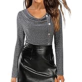 Lotusmile Blouses for Women Dressy Casual Cowl Neck Long Sleeve Sparkly Tops for Evening Party Date Night