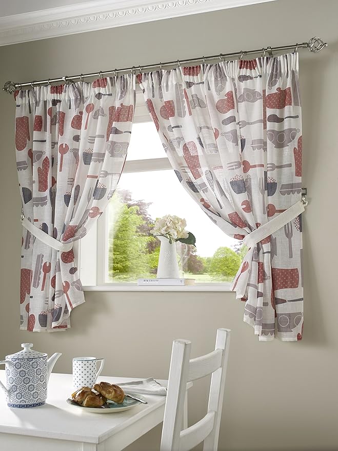 Bistro Kitchen Curtains with Tie Backs, Polyester, Red, 46 x 54Inch