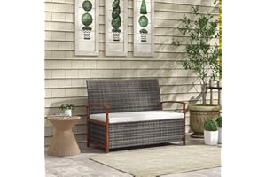 Outsunny 2-Seater Outdoor Rattan Bench with Cushion, PE Rattan Patio Outdoor Couch with Armrests, Patio Loveseat with Storage
