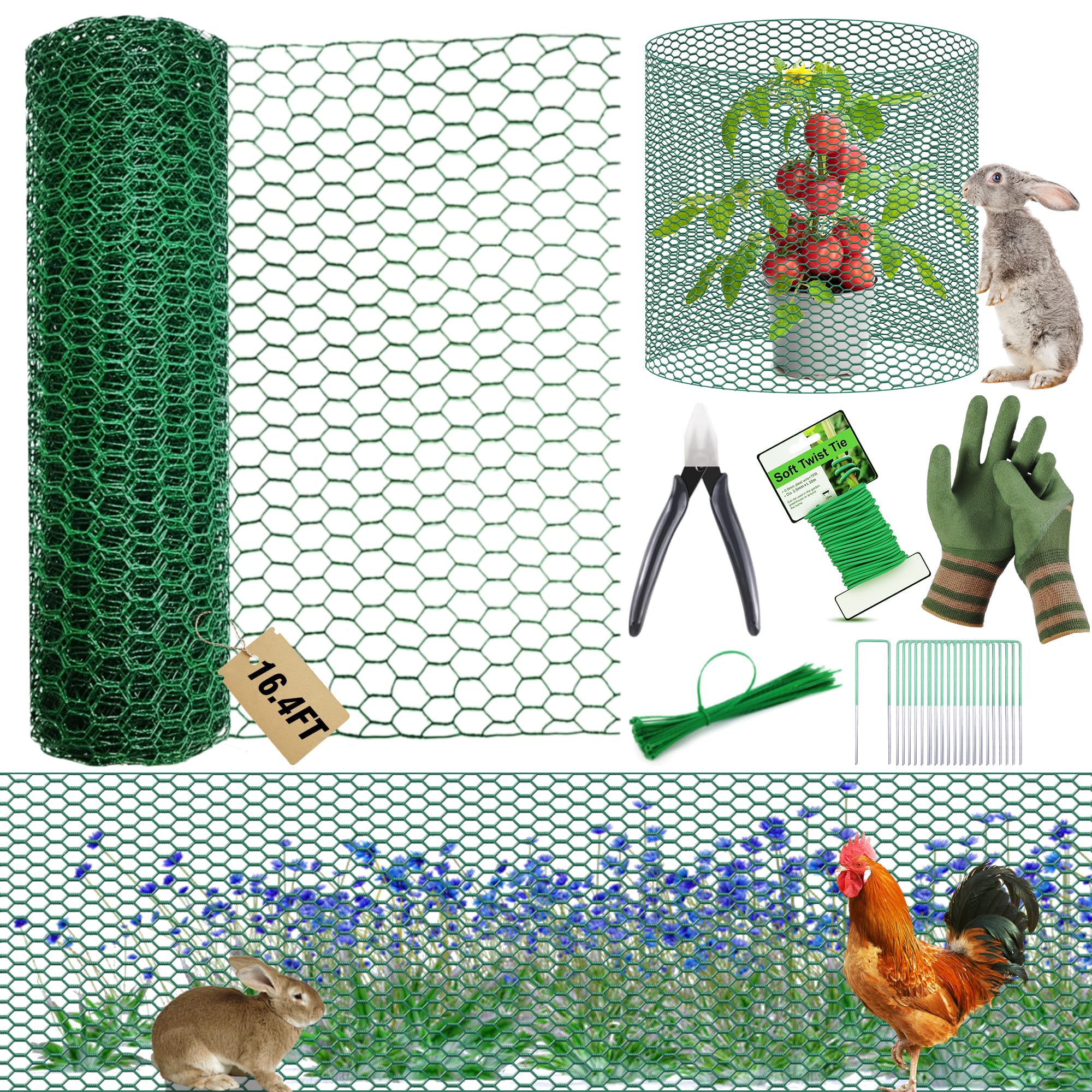 Photo 1 of 16.4Ft x16In Chicken Wire for Floral Arrangements - Free-Cut Green Metal Mesh with Hexagonal Galvanized PVC Coated Netting Guard Fence for Poultry, Garden, Plant