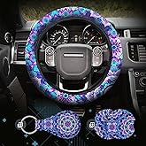 4 Pieces Mandala Purple Lotus Steering Wheel Cover Set with 2pcs Car Cup Coasters & Quarter Keyring, Cute and Fashionable Non-Slip Purple Steering Wheel Cover, Universal Fit 14-15.5 inches