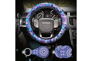 ZADIN 4 Pieces Mandala Purple Lotus Steering Wheel Cover Set with 2pcs Car Cup Coasters & Quarter Keyring, Cute and Fashionable Non-Slip Purple Steering Wheel Cover, Universal Fit 14-15.5 inches