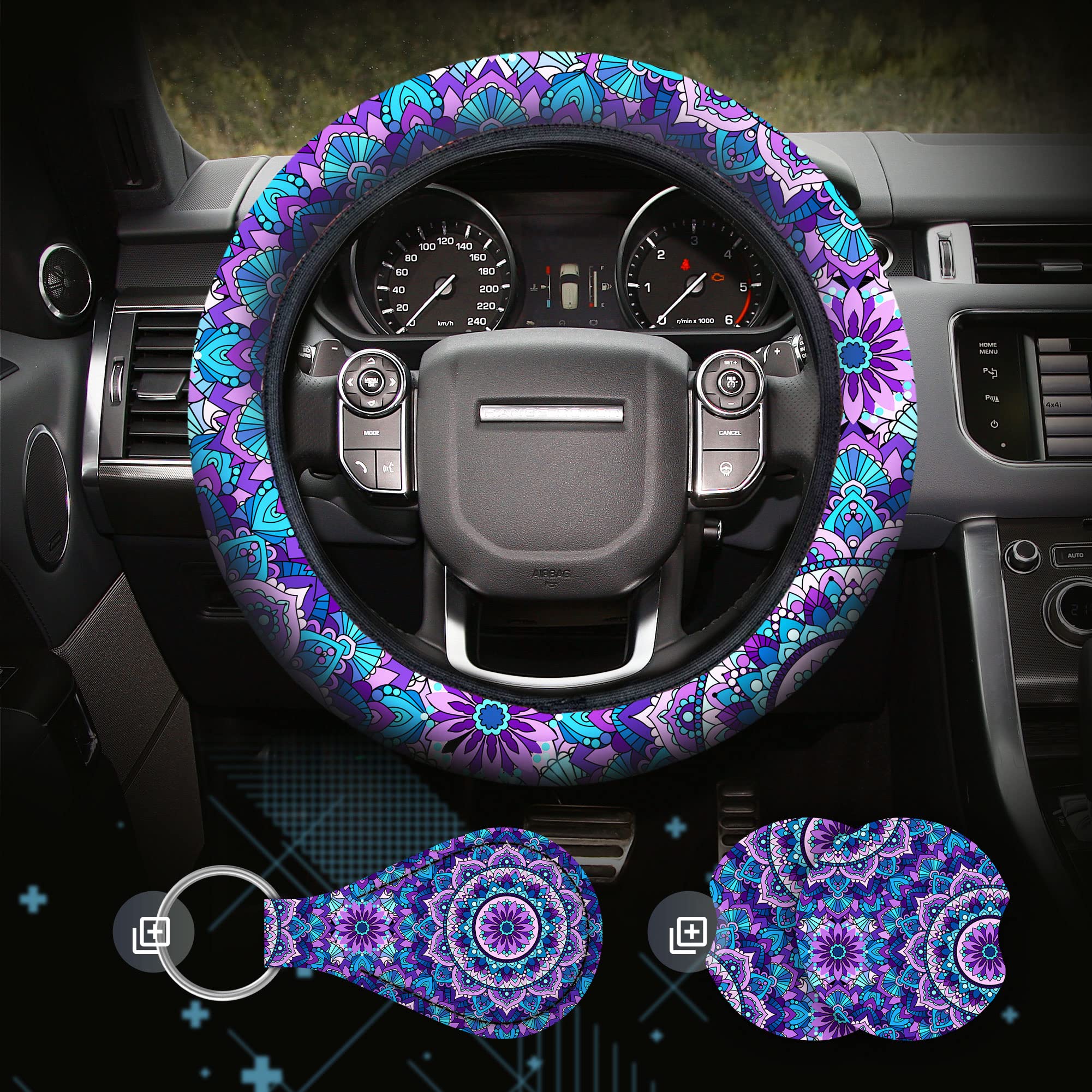 Photo 1 of 4 Pieces Mandala Purple Lotus Steering Wheel Cover Set with 2pcs Car Cup Coasters & Quarter Keyring, Cute and Fashionable Non-Slip Purple Steering Wheel Cover, Universal Fit 14-15.5 inches