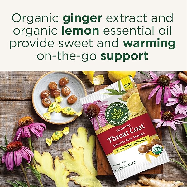 TRADITIONAL MEDICINALS ORGANIC, THROAT COAT LOZENGES, LEMON GINGER ECHINACEA – HERBAL COUGH DROPS, HELPS SOOTHE SORE THROAT – NON-GMO, STIMULANT-FREE – 16 COUNT