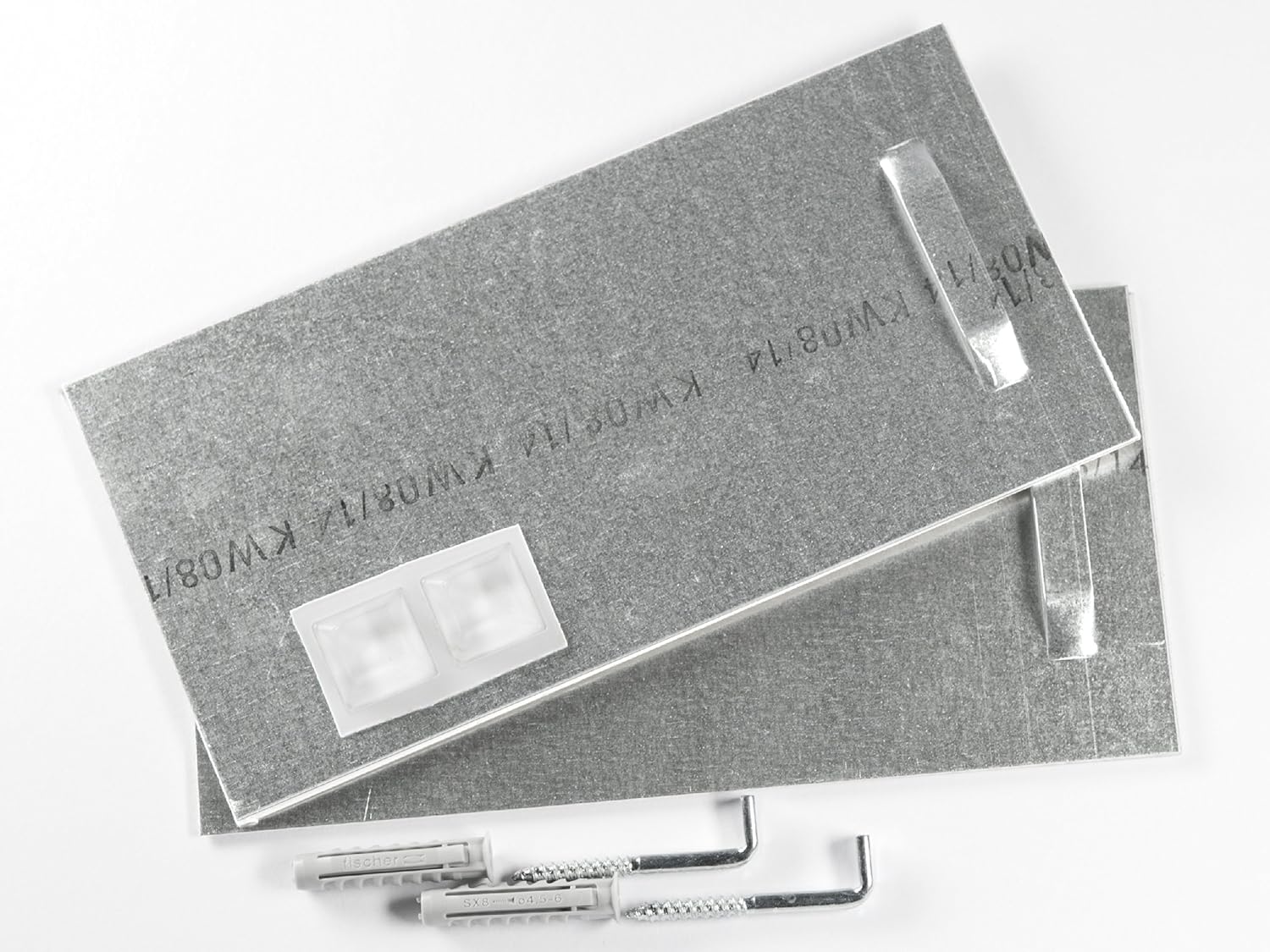 Klebebleche mit Winkelschrauben und ORIGINAL Fischer SX8 Dübeln, Spiegelaufhänger bis 24 kg (10x20 cm), Haftbleche, Aufhänger für Spiegel, Alu-Dibond. selbstklebend - Komplettset!