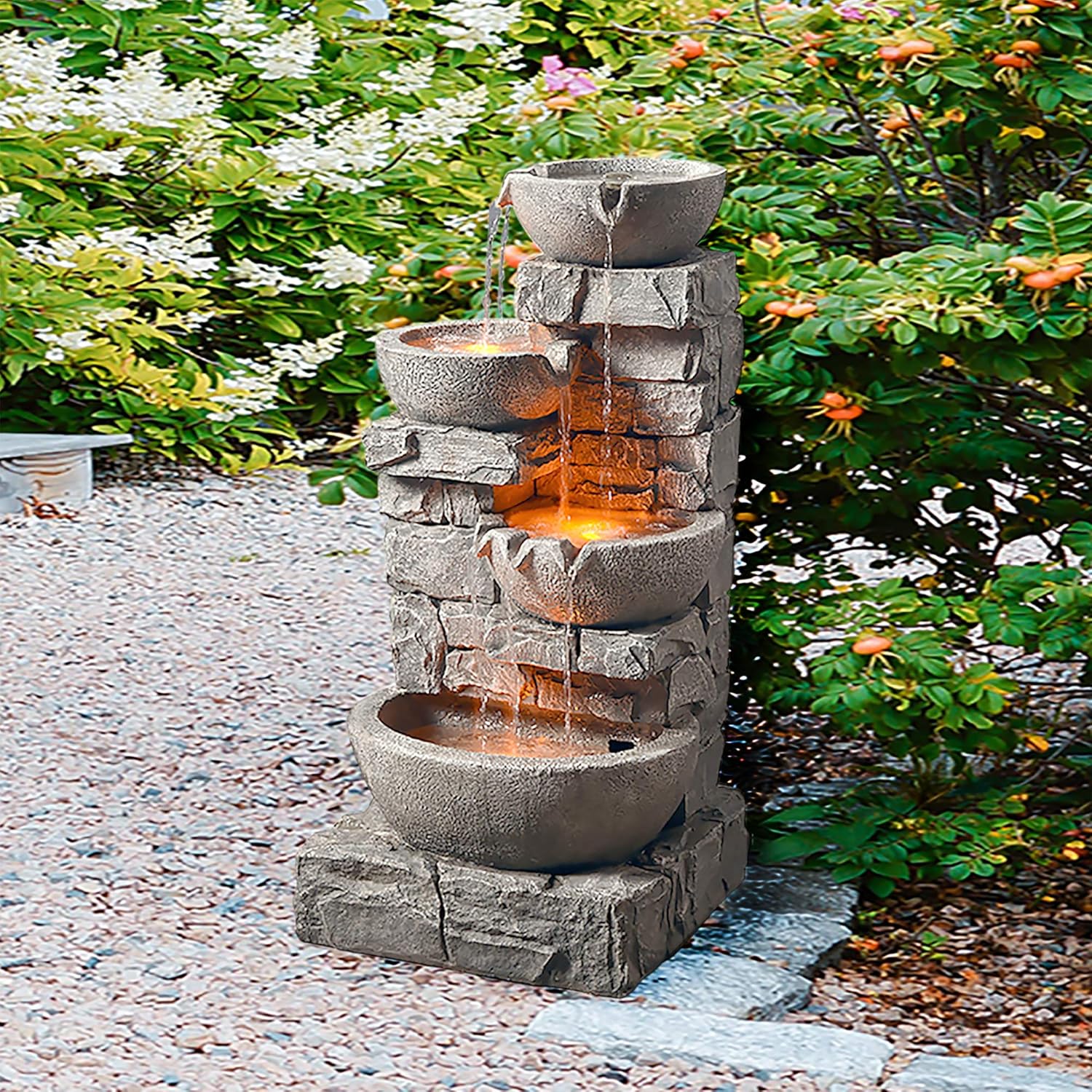 Peaktop 201601PT Floor Stacked Stone 4 Tiered Bowls Waterfall Water Fountain for Outdoor Patio Garden Backyard Decking with Led Lights and Pump, 33" Height, Gray : Garden & Outdoor