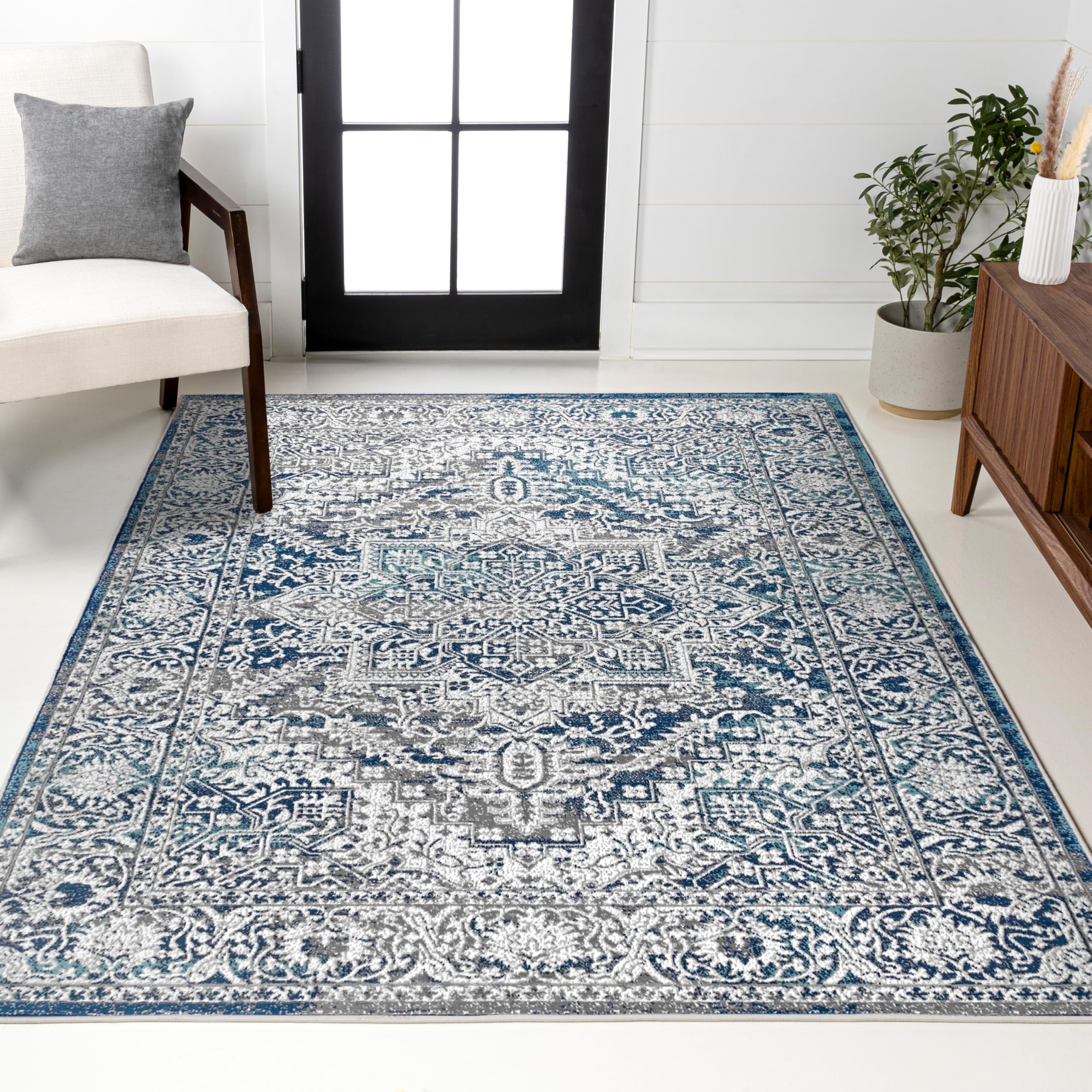 JONATHAN Y Modern Vintage Medallion Navy/Light Gray Indoor Area Rug, 9x12, Country, Floral, Easy-Cleaning for Living Room, Bedroom, Kitchen, Pet Friendly, Non-Shedding (MDP100B-9) Image