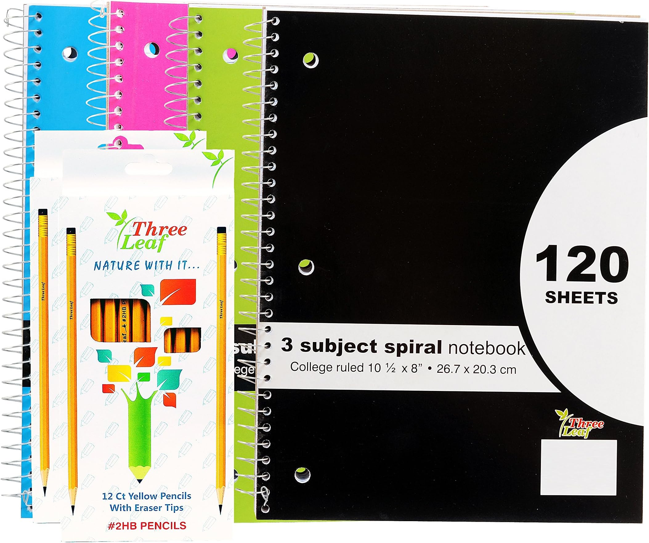 4-Pack 10½" x 8" 3 Subject Spiral Notebook, College Ruled - 24-Pack #2 Wooden Pencils with Erasers - Back to School Set