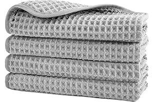 POLYTE Microfiber Lint Free Washcloth Face Towel, 13 x 13 in, 4 Pack (Waffle Weave)