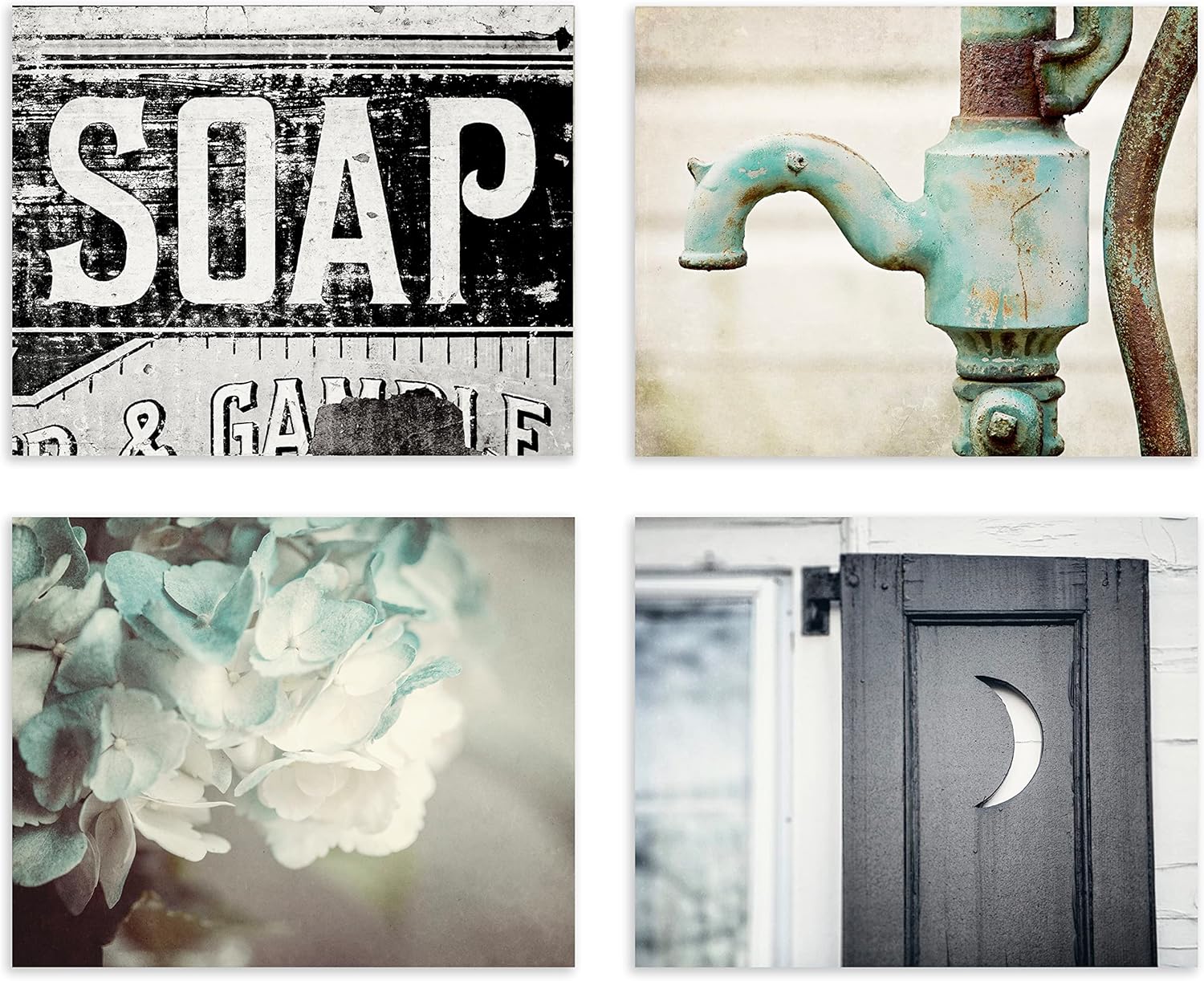 Photographs - Lisa Russo Fine Art - Bathroom Decor Set of 4 Photo Prints, Unframed, Farmhouse Bathroom Wall Art, Rustic, Country, Vintage Style Bath Art, Blue, Black, Teal (4 5x7 Prints)
