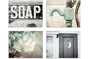 Lisa Russo Fine Art - Bathroom Decor Set of 4 Photo Prints, Unframed, Farmhouse Bathroom Wall Art, Rustic, Country, Vintage Style Bath Art, Blue, Black, Teal (4 SMALL 5x7 Prints)