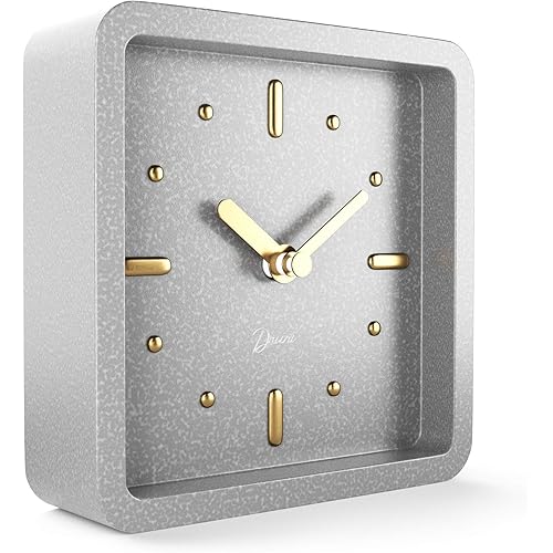 Driini Modern Mid Century Desk and Table Analog Clock (Concrete with Gold) - Battery Operated with Silent Sweep Movement – Small Square Desktop Clocks for Mantel, Nightstand, Office, or Bedrooms