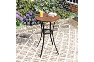 DIFY Patio Bar Height Table, Walnut 28" Round Outdoor Pub Table with 1.57" Umbrella Hole for Bistro, Garden, Poolside and Balcony