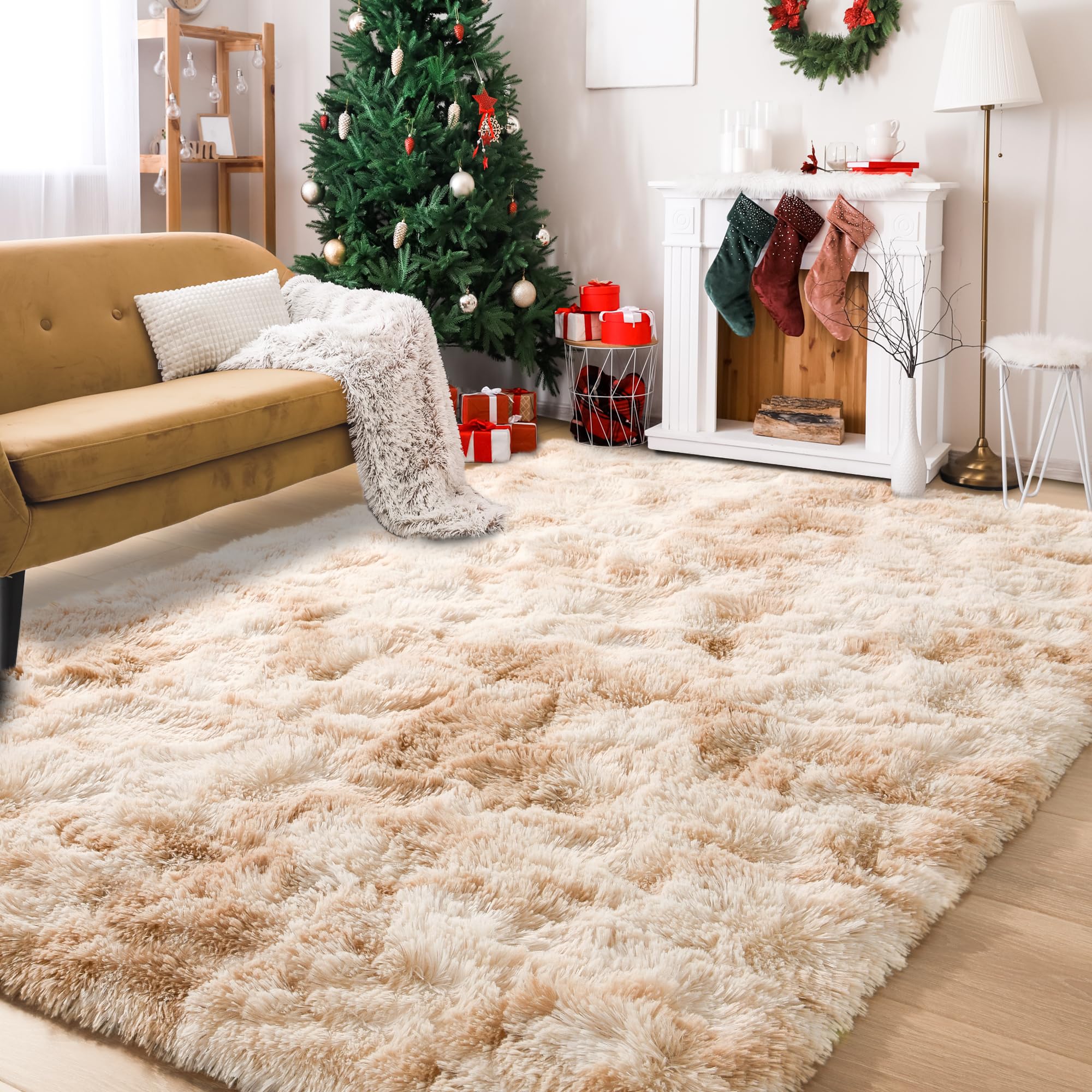 Photo 1 of Foxmas Shag Rugs for Bedroom Living Room, 6x9Ft Soft Fluffy Tie-Dyed Rug for Kids Room with Non-Slip Backing, High Pile Nursery Carpets Fuzzy Boys Girls Dorm Home Decor Aesthetic, Beige