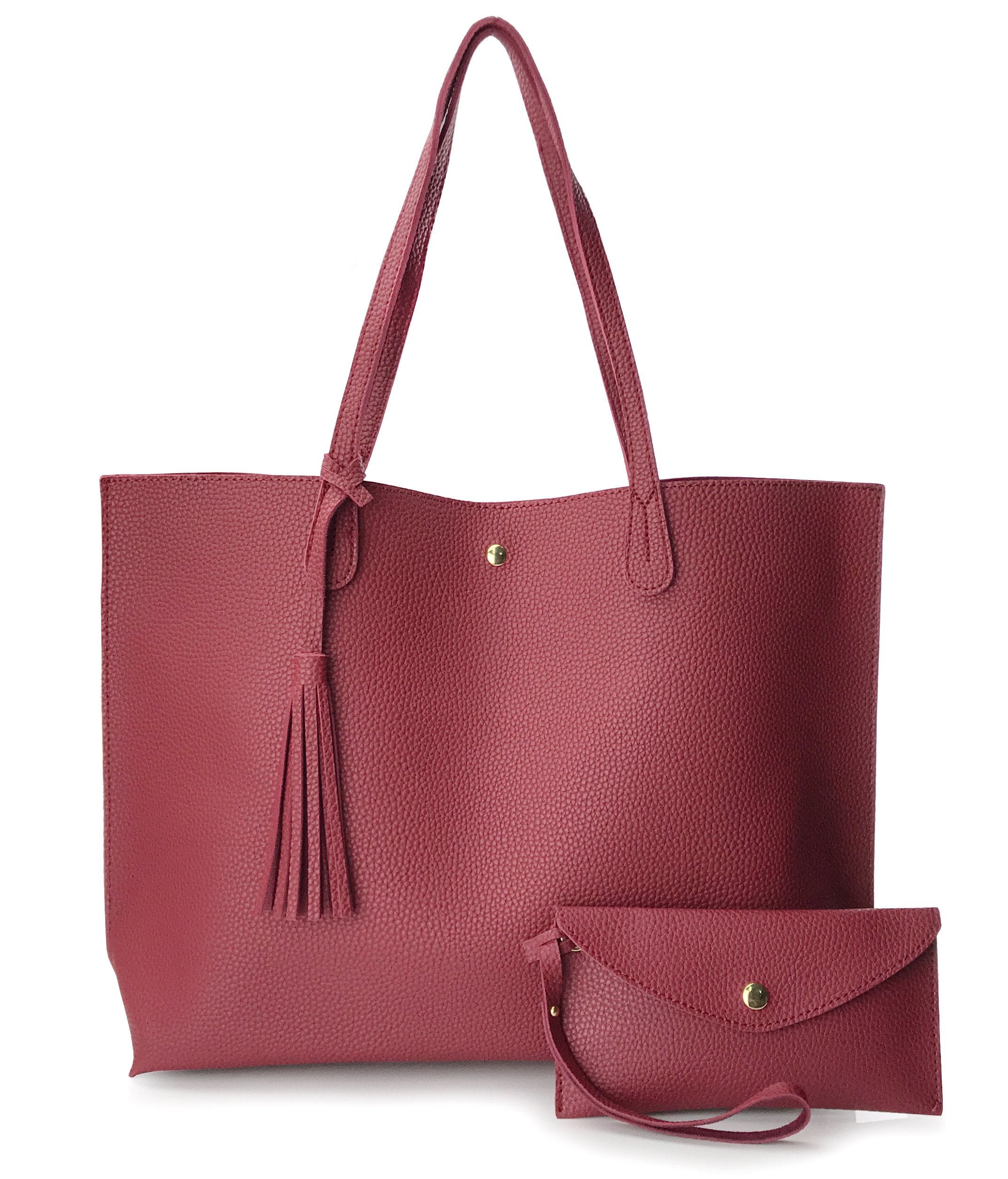 Hoxis Minimalist Clean Cut Pebbled Faux Leather Tote Womens Shoulder Handbag (Dark Red)