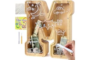 weallbuy Large Letter Piggy Bank for Kids Boys Girls Wooden Personalized Piggy Banks A-Z with Target Area Clear Alphabet Banknote Coin Banks for Gift Decoration Baptism (M)