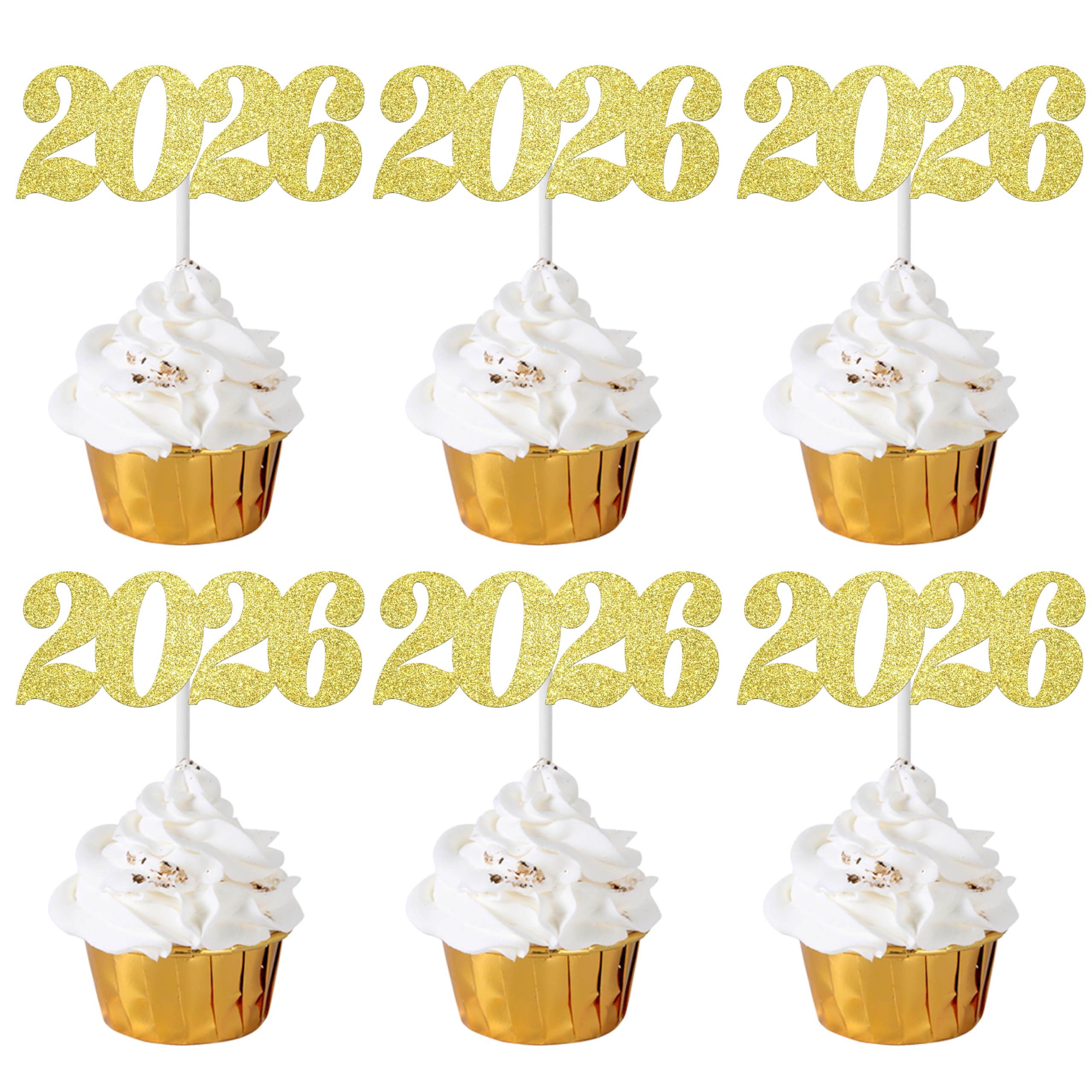 Photo 1 of ***MISSING PIECES*** 24pcs Gold Glitter Number 2026 New Years Cupcake Toppers Hello 2026 Happy New Year Cupcake Toppers Decorations for 2026 New Year Eve Party Graduation Wedding Party Supplies