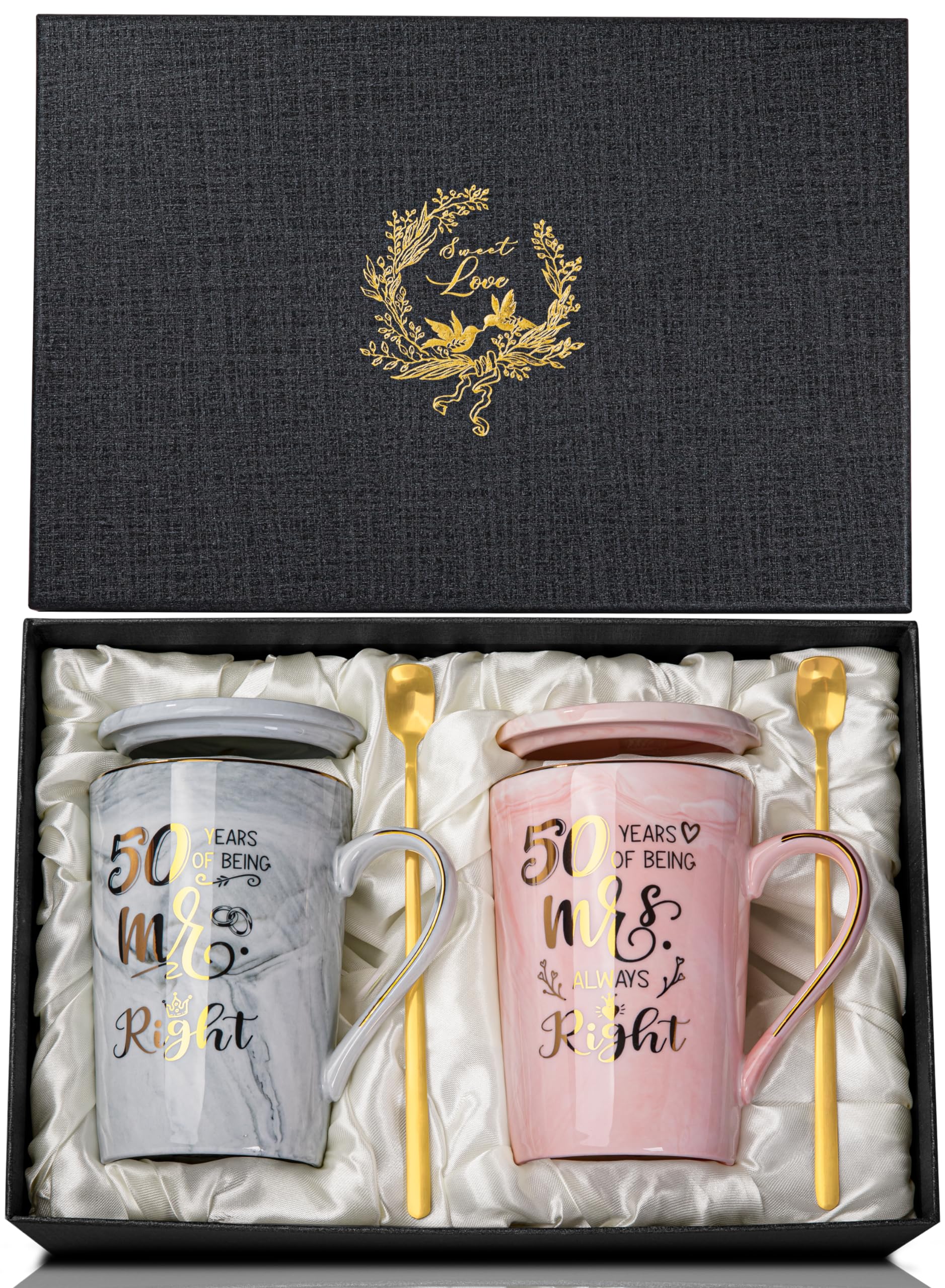 Happy 50th Wedding Anniversary Coffee Mugs Gift Set - 14oz Golden 50th Anniversary Cup Gifts for Couples, Parents, Grandparent, Grandpa, Grandma, Pink Grey Cup with Lid, Greeting Card, Elegantly Boxed