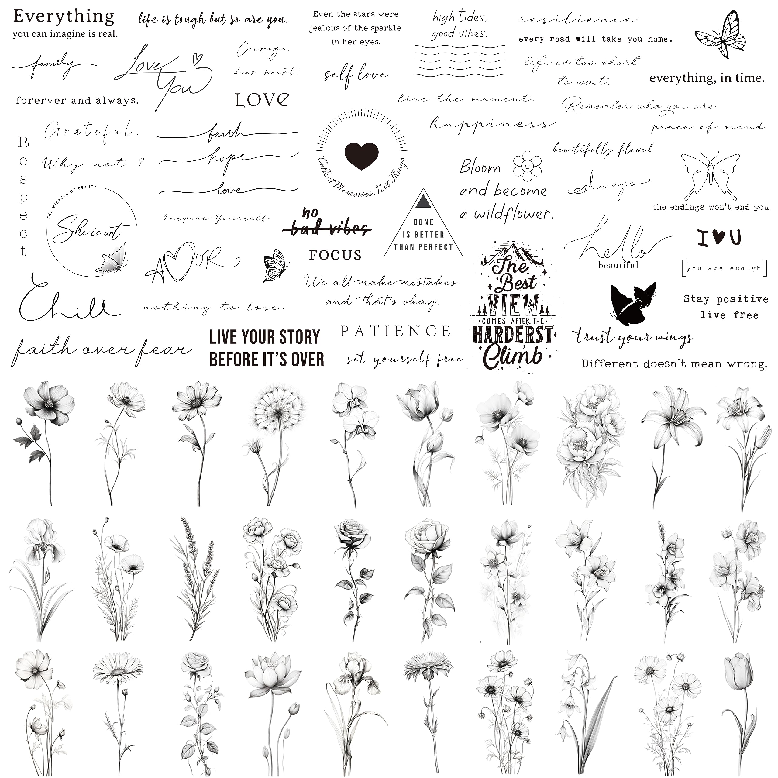 Esland Realistic Temporary Tattoos - 60 Sheets Small Fake Tattoos, 30 Pcs Meaningful Scripts Words Tattoos, 30 Pcs Line Art Wild Flower Nature Tattoo Stickers for Women and Men — image 1