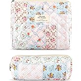 2Pcs Quilted Cotton Makeup Bag Large Travel Makeup Pouch Small Brush Holder Set for Women Cute Floral Coquette Makeup Bag Aesthetic Cosmetic Bag Flower Bee Toiletry Organizer Storage Bag Zipper Pouch