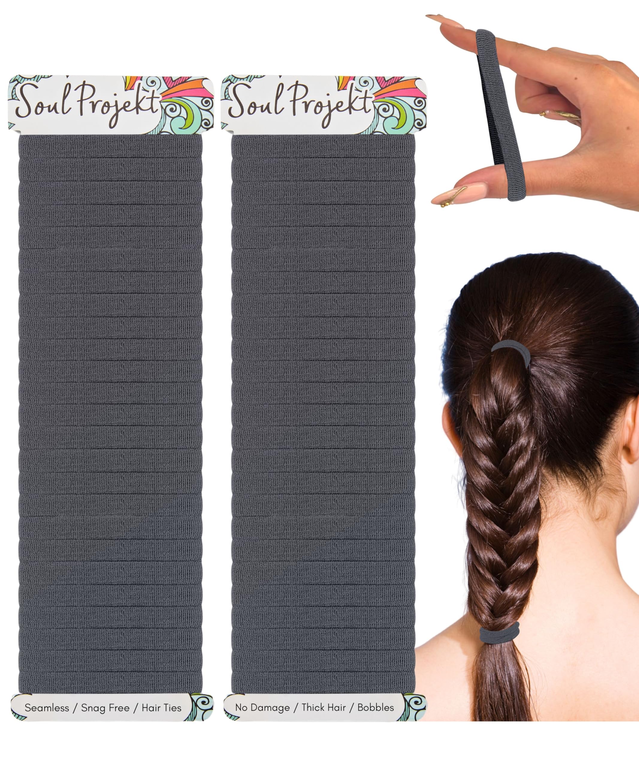 Soul Projekt Thick Hair Bands - 50 Pack 8mm, Grey Bobbles, School Hair Accessories, Ladies Hair Band, Snag Free Kids Hair Ties, No Damage Seamless