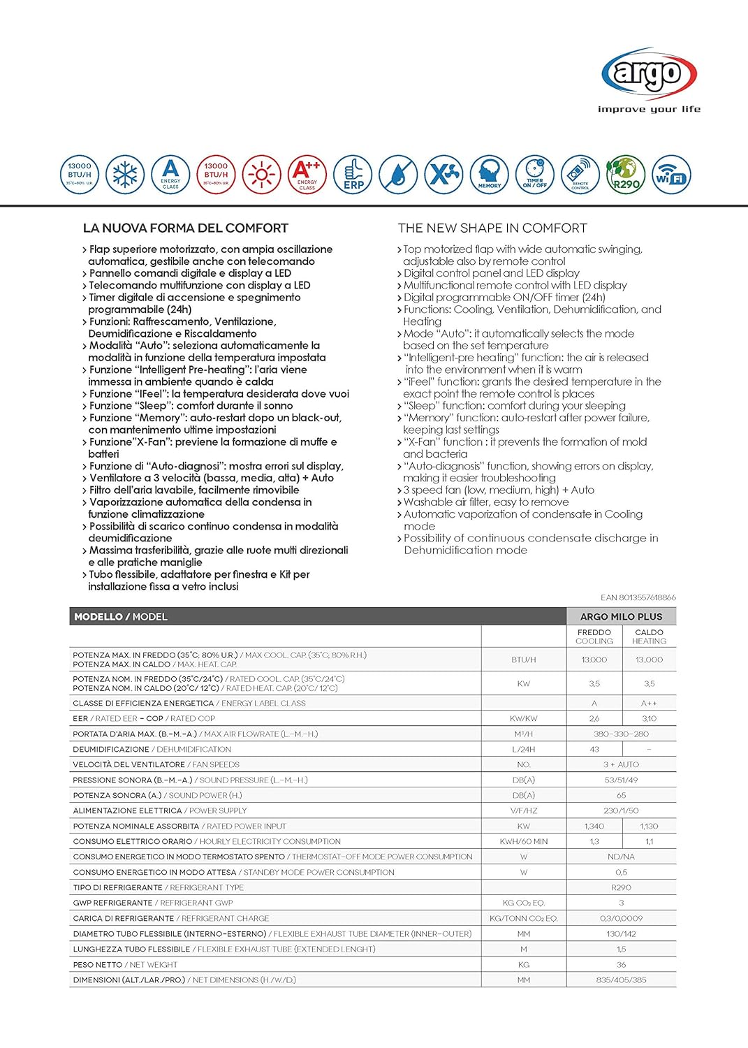 Climatizzatore Portatile ARGO Milo Plus 13000 BTU - Con Pompa Di Calore, WiFi E 4 Funzioni - Foto 4