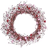 J'FLORU Valentine’s Day Wreaths for Front Door 20 Inch Valentines Day Wreath Valentines Wreath with Cute Hearts and Berries Valentine’s Day Gifts Anniversary Wedding Decorations (Red/Pink)