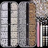 2 Boxes Flatback Pearls for Nail, Gold Silver Nail Beads for Nail Art, Mixed Sizes White Beige Half Pearl Nails Charms Gems, ABS Round Plastic Beads Accessories for Acrylic Nails Manicure Decor