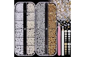 UOTEY 2 Boxes Flatback Pearls for Nail, Gold Silver Nail Beads for Nail Art, Mixed Sizes White Beige Half Pearl Nails Charms Gems, ABS Round Plastic Beads Accessories for Acrylic Nails Manicure Decor