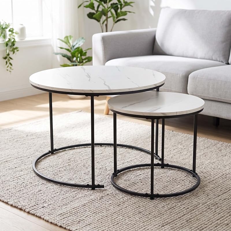 Ensemble de 2 Tables d'appoint, 2 Tailles, Blanc/Noir