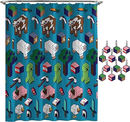 Amazon ジェイ フランコ マインクラフト ジェンダ イソ 動物 シャワーカーテン 12ピース フックセット 使いやすい 子供用バス機能 クリーパー 公式マインクラフト製品 シャワーカーテン ホーム キッチン オンライン通販