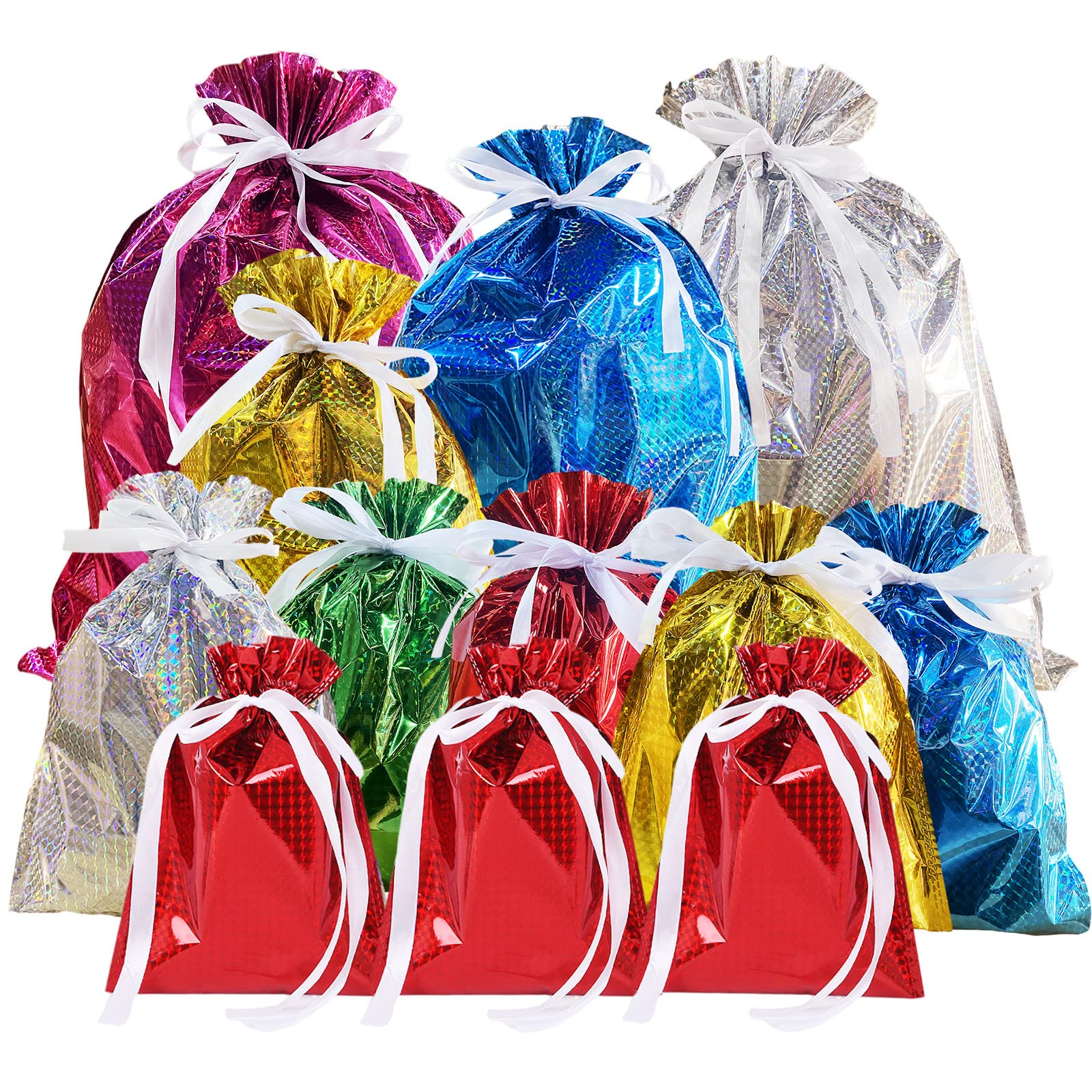 Foil Gift Bags Drawstring 12Pcs Large Solid Xmas Gift Bag Present Wrapping Bags,6 Color Reusable Jumbo Christmas Shimmer Multipack Wrapping Bags for Christmas,Presents,Wedding Birthday Party