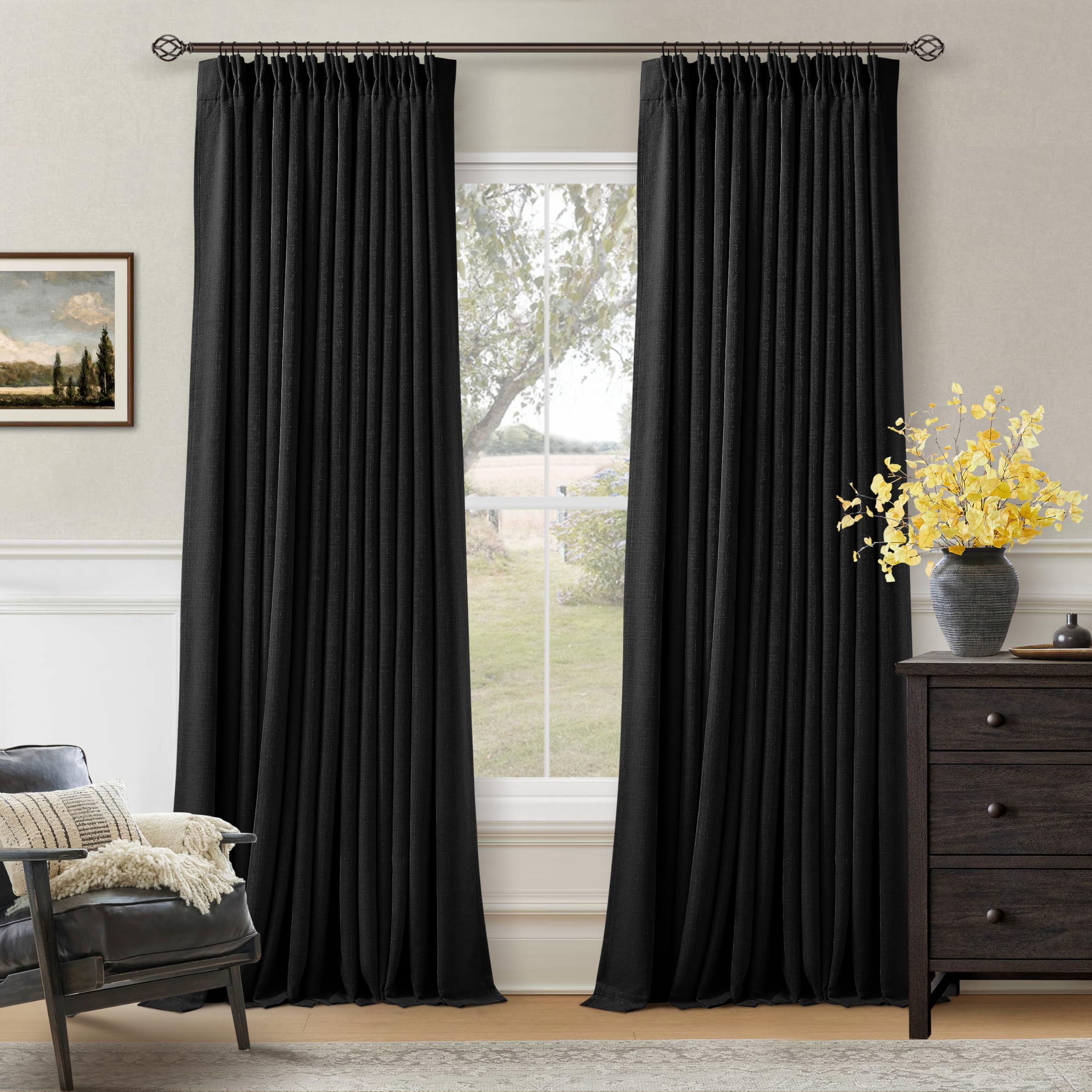 Photo 1 of Black Pinch Pleated Blackout Linen Curtains 120 Inches Long for Living Room Bedroom 2 Panels Room Darkening Thermal Insulated Neutral Black Farmhouse 100% Blackout Window Curtain Drape 120 Inch