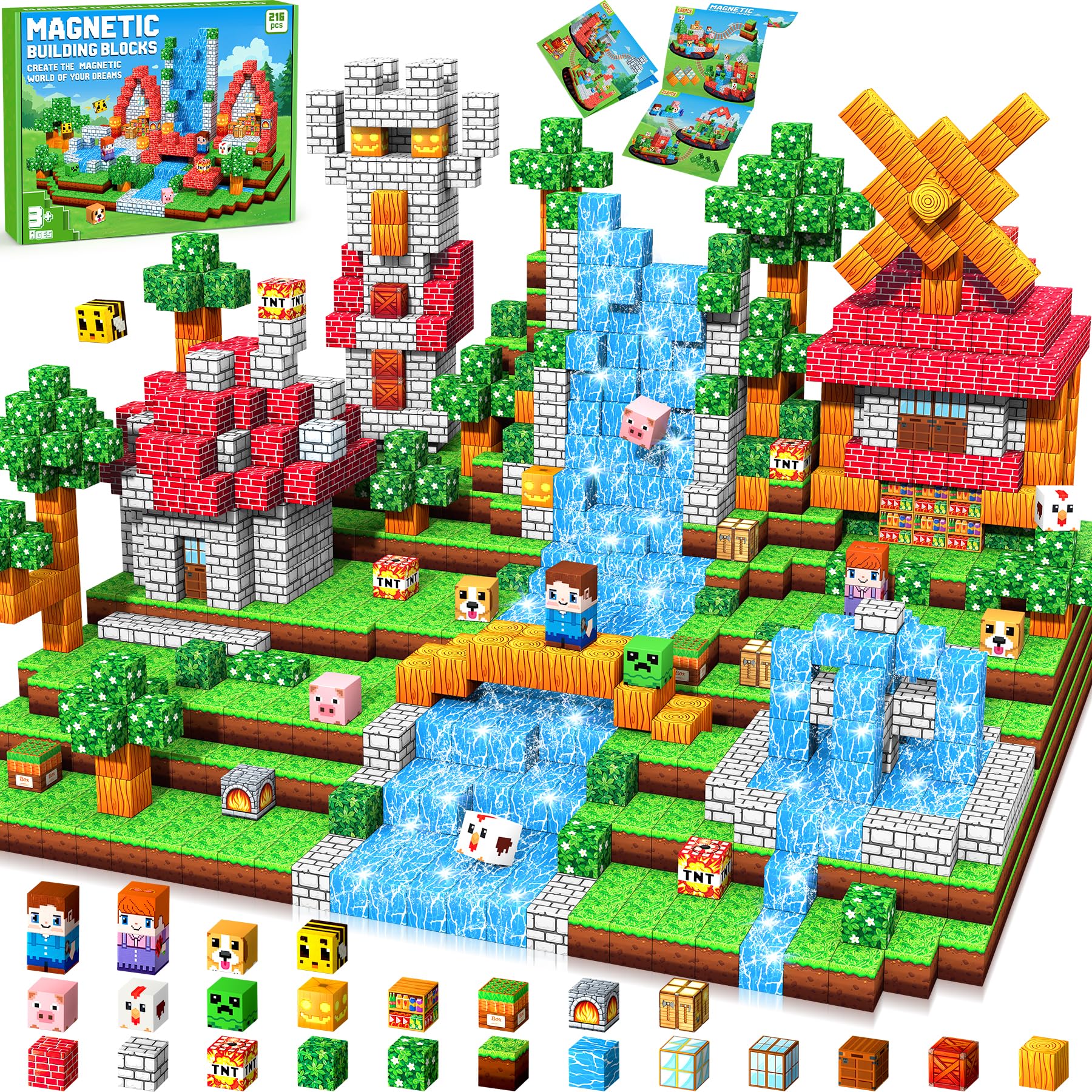 Subtail 216PCS Magnetic Blocks - Magnetic Building Blocks Tiles Stacking Construction Toys STEM Sensory Toys for Toddlers Kids Boys Girls Ages 3 4 5 6 7 8 9 10 Christmas Birthday Gifts Stowable