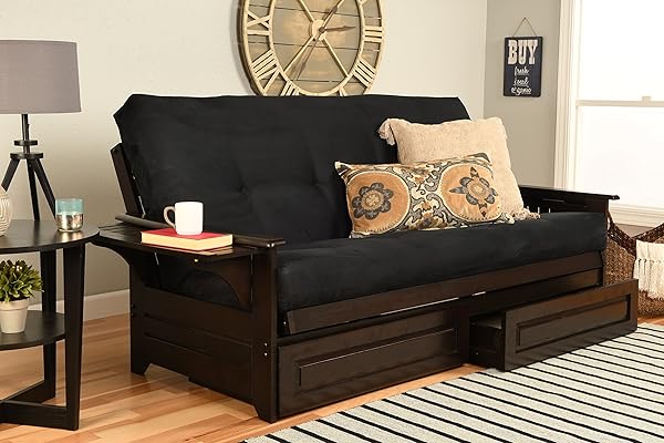 Phoenix Futon in Espresso Finish with Suede Black Mattress