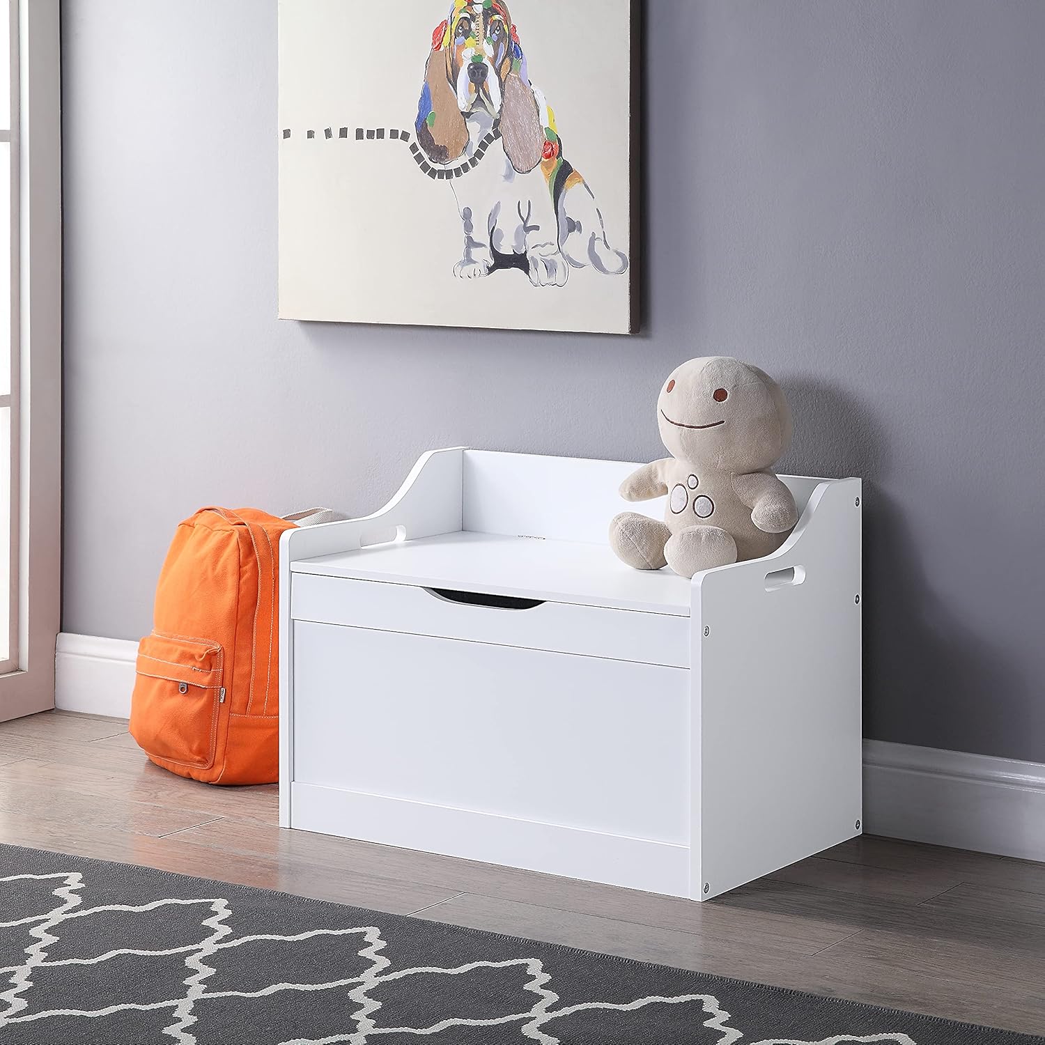 RAAMZO Wood Modern Storage Bench Toy Box Blanket Chest Trunk with Safety Hinged Lid in White Finish: Home Improvement