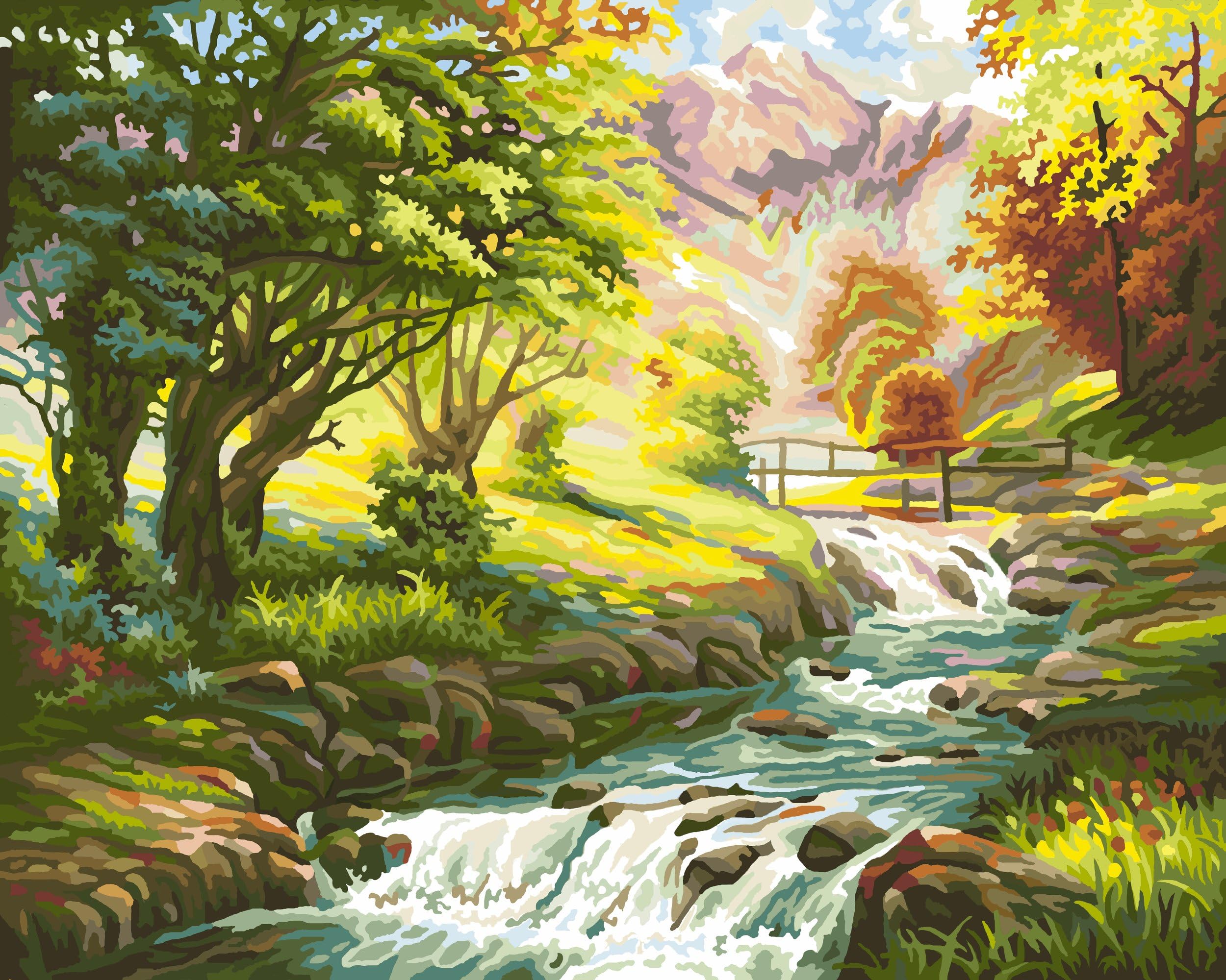 RIHE Paint by Numbers, DIY Oil Painting Wonderland Green Trees Riverside Canvas Print Wall Art Home Decoration Without Frame