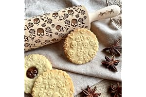 Embossed Rolling Pin SUGAR SKULL and ROSES for Halloween cookies. Laser Engraved Dough Roller for Embossing Homemade Cookies 