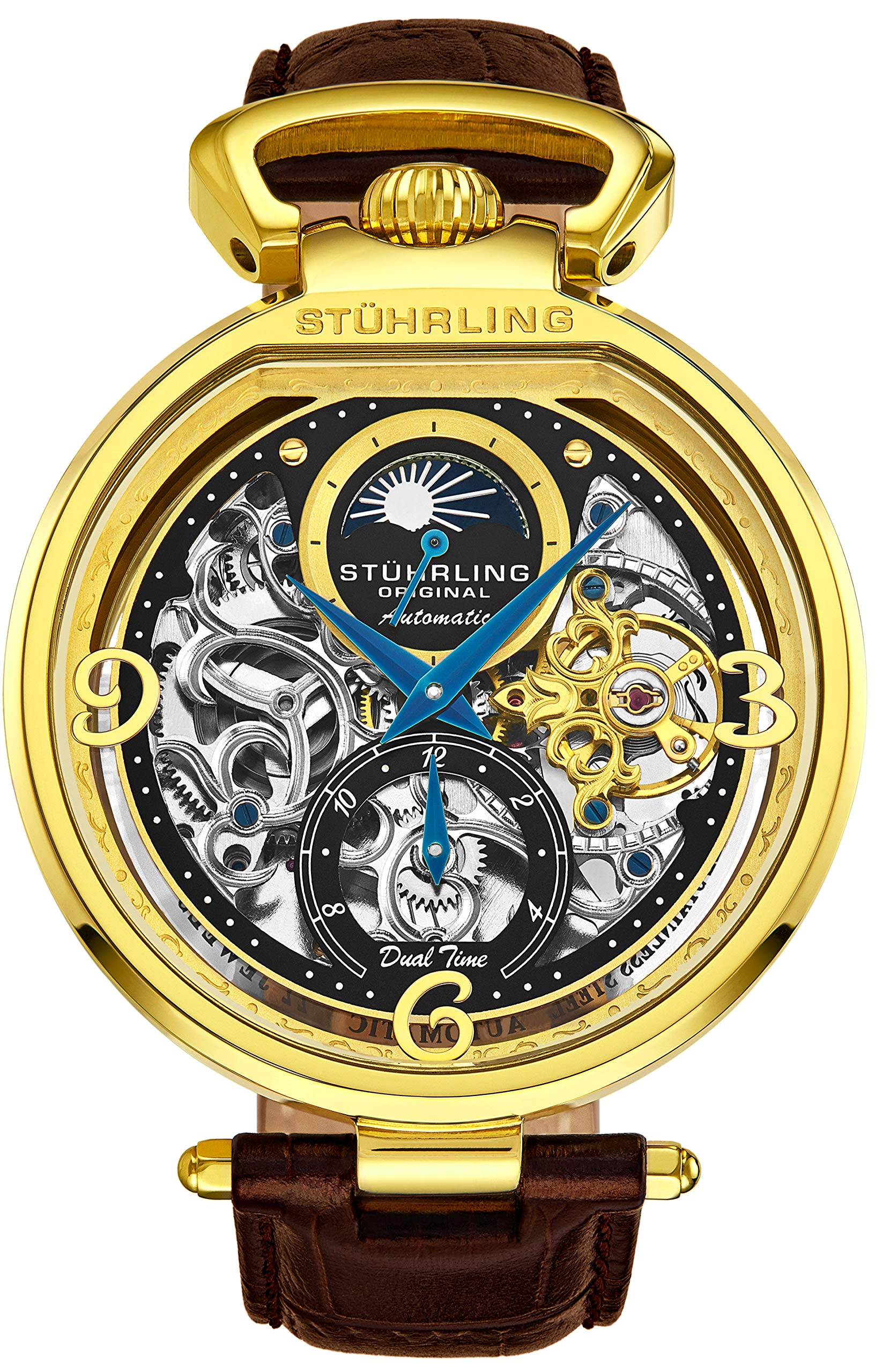 Stührling Original Mens Skeleton Watch Dial Automatic Watch with Calfskin Leather Band and - Dual Time, AM/PM Sun Moon (Gold and Brown)