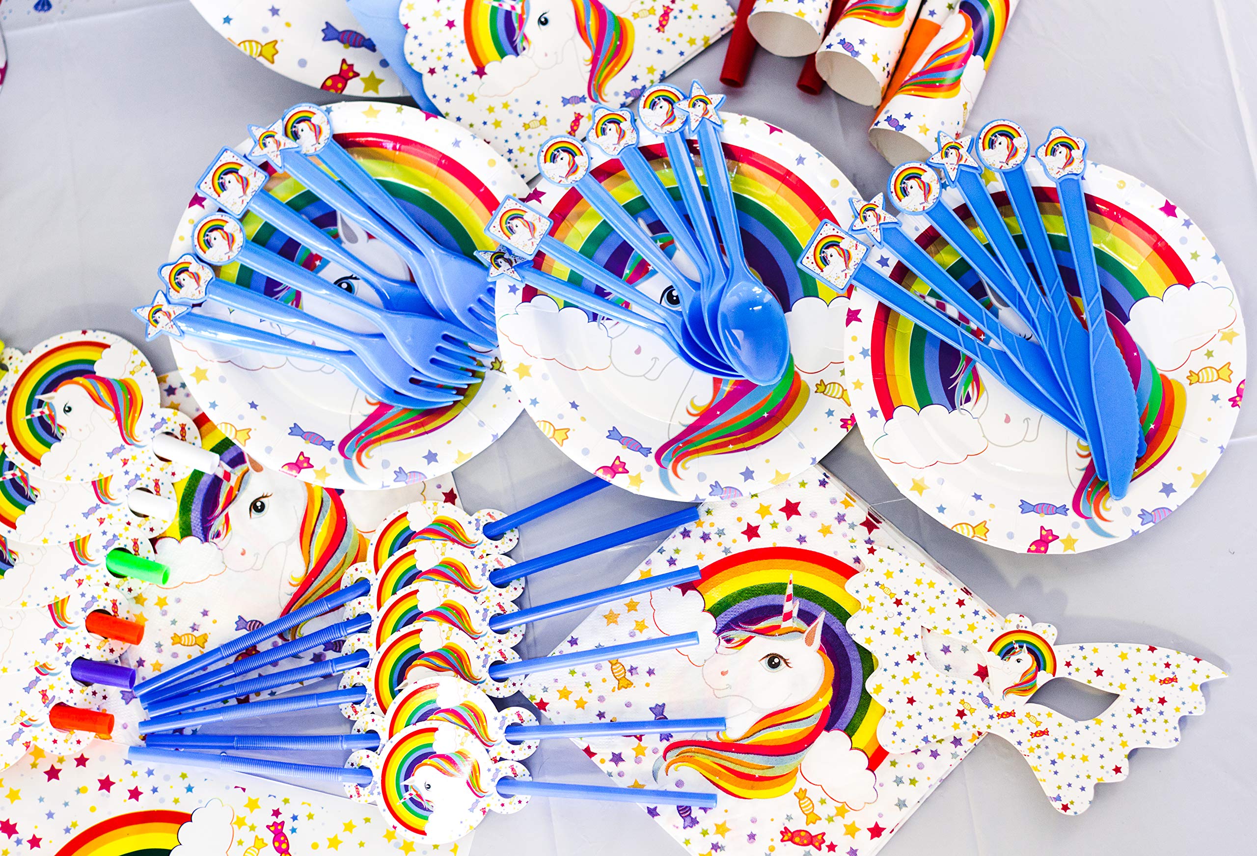 Sigmy Unicorn Party Supplies - (152 PCS)  All-in-One Rainbow Set: Plates, Utensils and Decorations Pack, Serves 10 People. Includes Banner, Hats, Bags, Invitations, Cups, Tablecloth