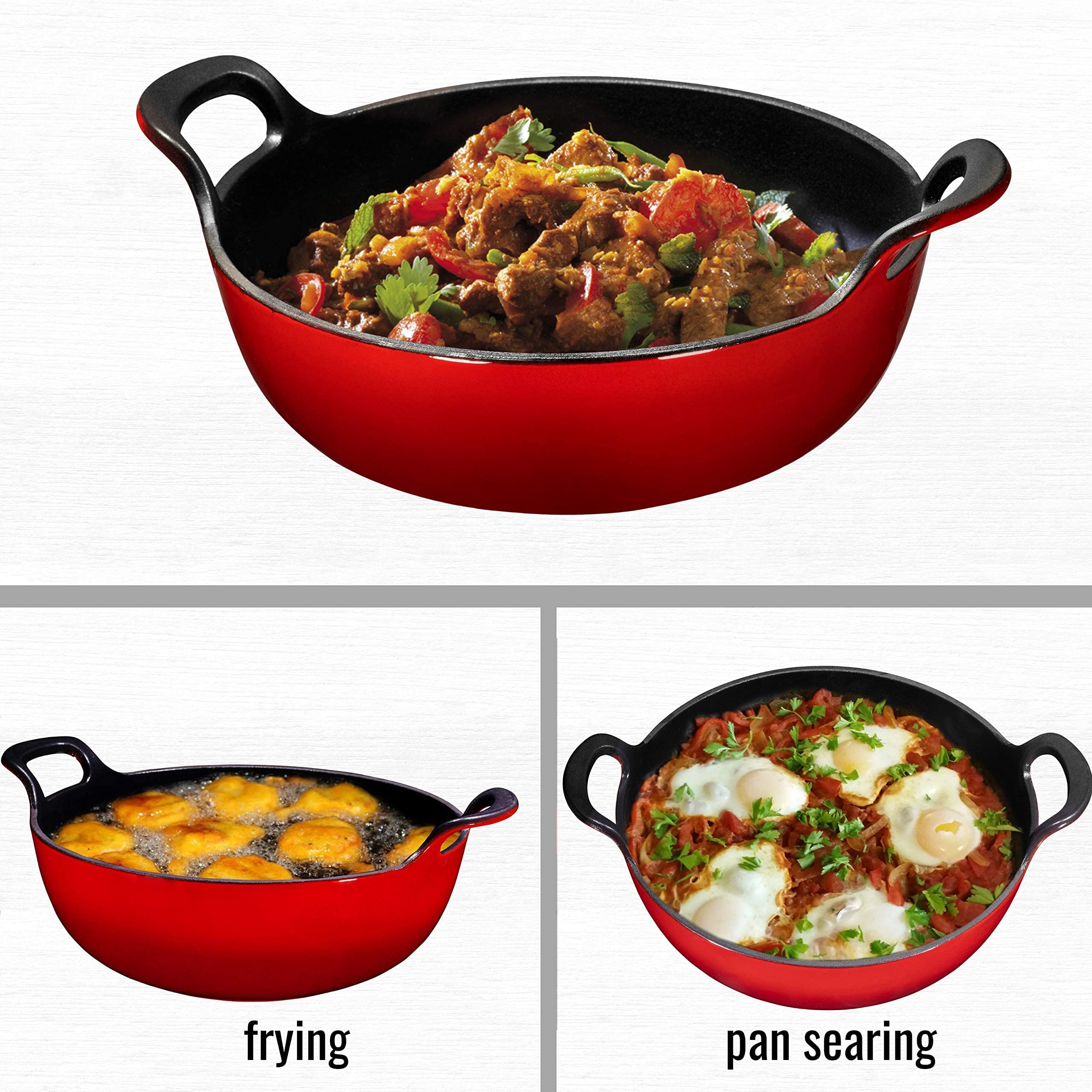 Bruntmor 3 Quart Red Enameled Cast Iron Wok, Cast Iron Wok, Pot Dish, Cast Iron Biryani Pot, 3qt Instant Pot Bakeware Sets, Stove and Oven Safe