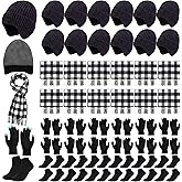 Tivi Tovo 48 Pcs Winter Hat Gloves Scarves Socks Set Unisex Plaid Scarf Fleece Beanies Touchscreen Glove for Homeless Charity(Earflap,White and Black)