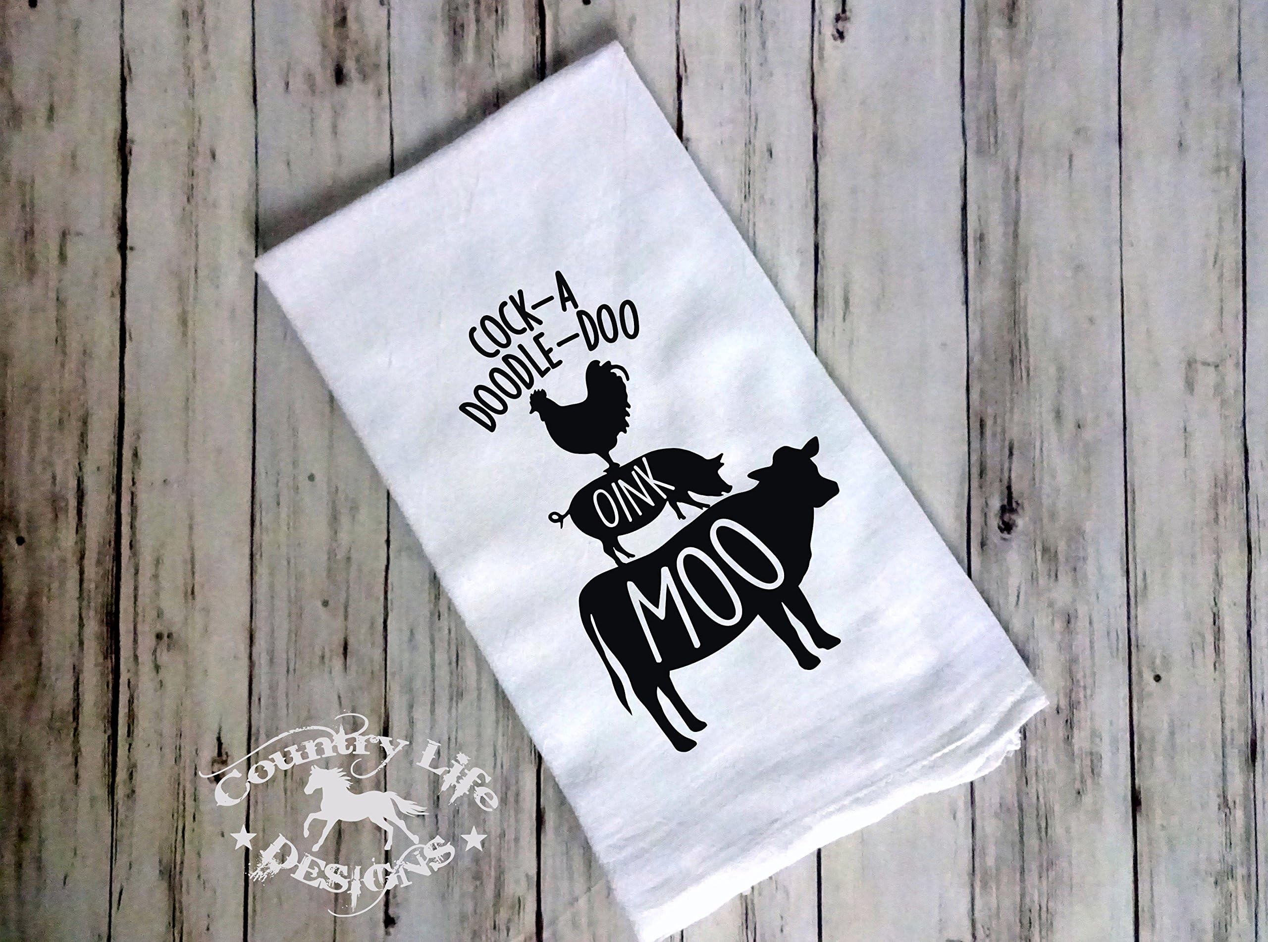 Funny Farm Flour Sack, Tea Kitchen Towel - Cock A Doodle Doo - Oink Moo Totem