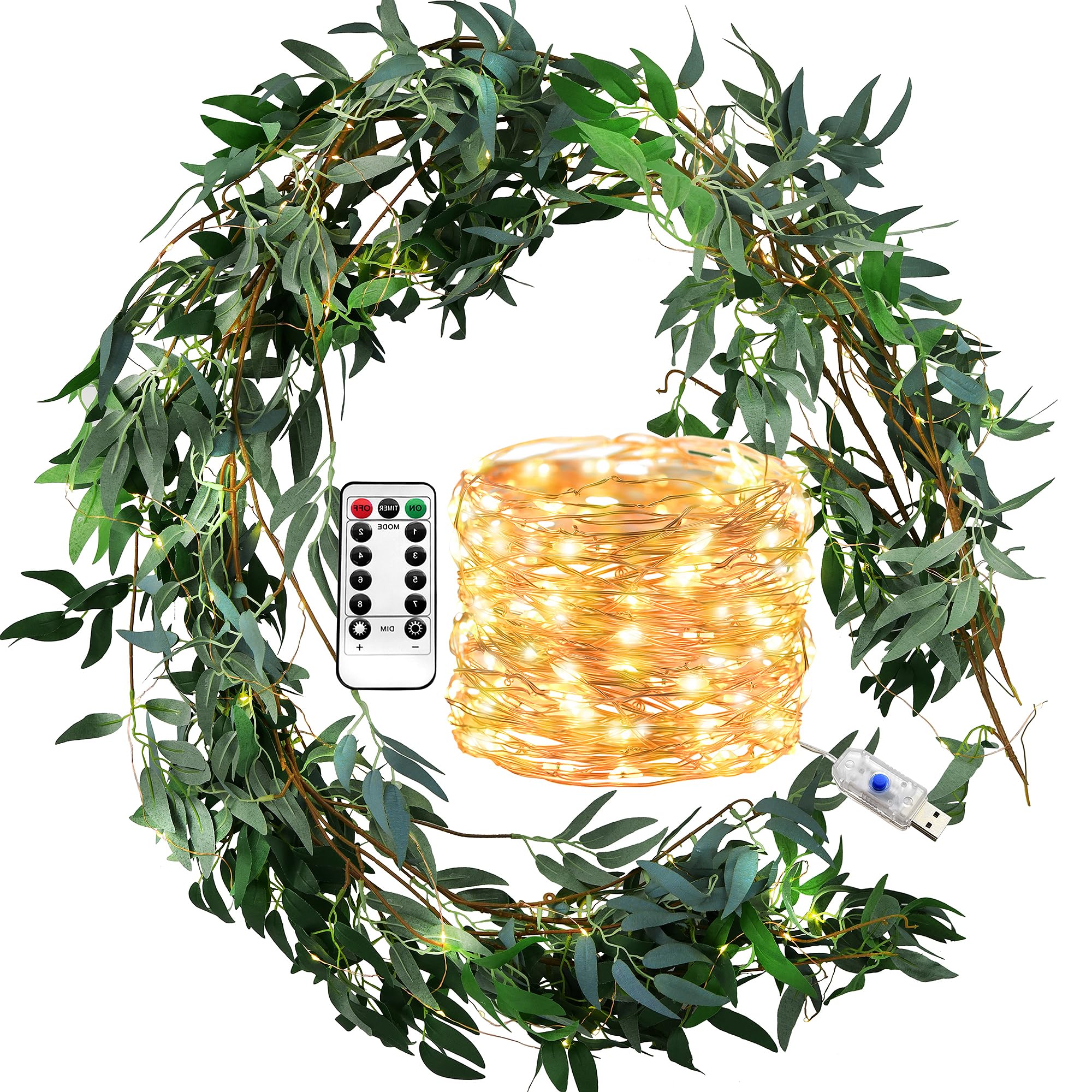 FiveSeasonStuff 2 Mix Rustic Willow Garlands, Bendable Artificial Greenery Vine Leaves for Wedding Home Decoration with 10 Metres String Lights