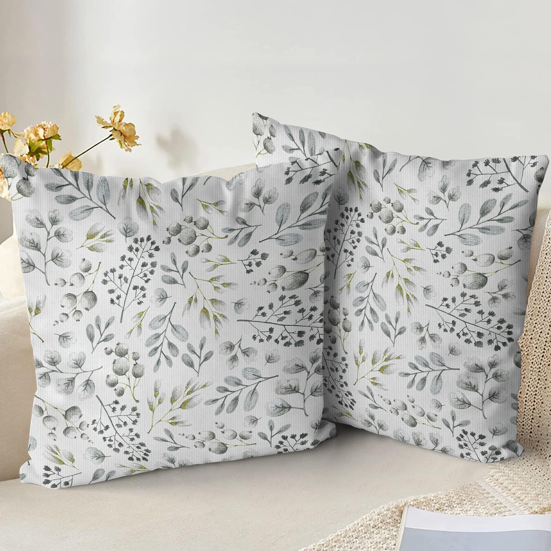 XPHZZL Cushion Covers Set of 2 Pack 55 x 55 cm - Soft Double Sided Garden leaves Decorative Pillow Covers for Sofa Bed Garden Outdoor Spring Decor with Invisible Zipper 22 x 22 Inch - White
