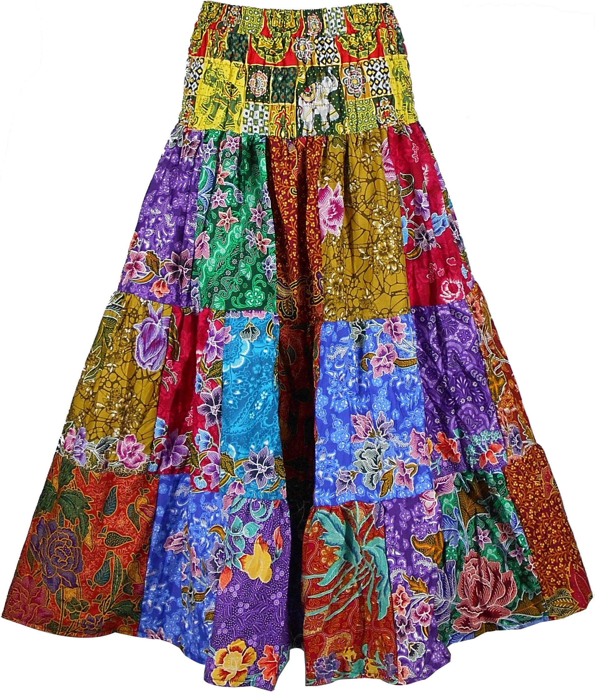 BONYA Women's Hippie Boho Colorful Patchwork Smocked Stretch Waist Tiered Long Skirt (Color35)