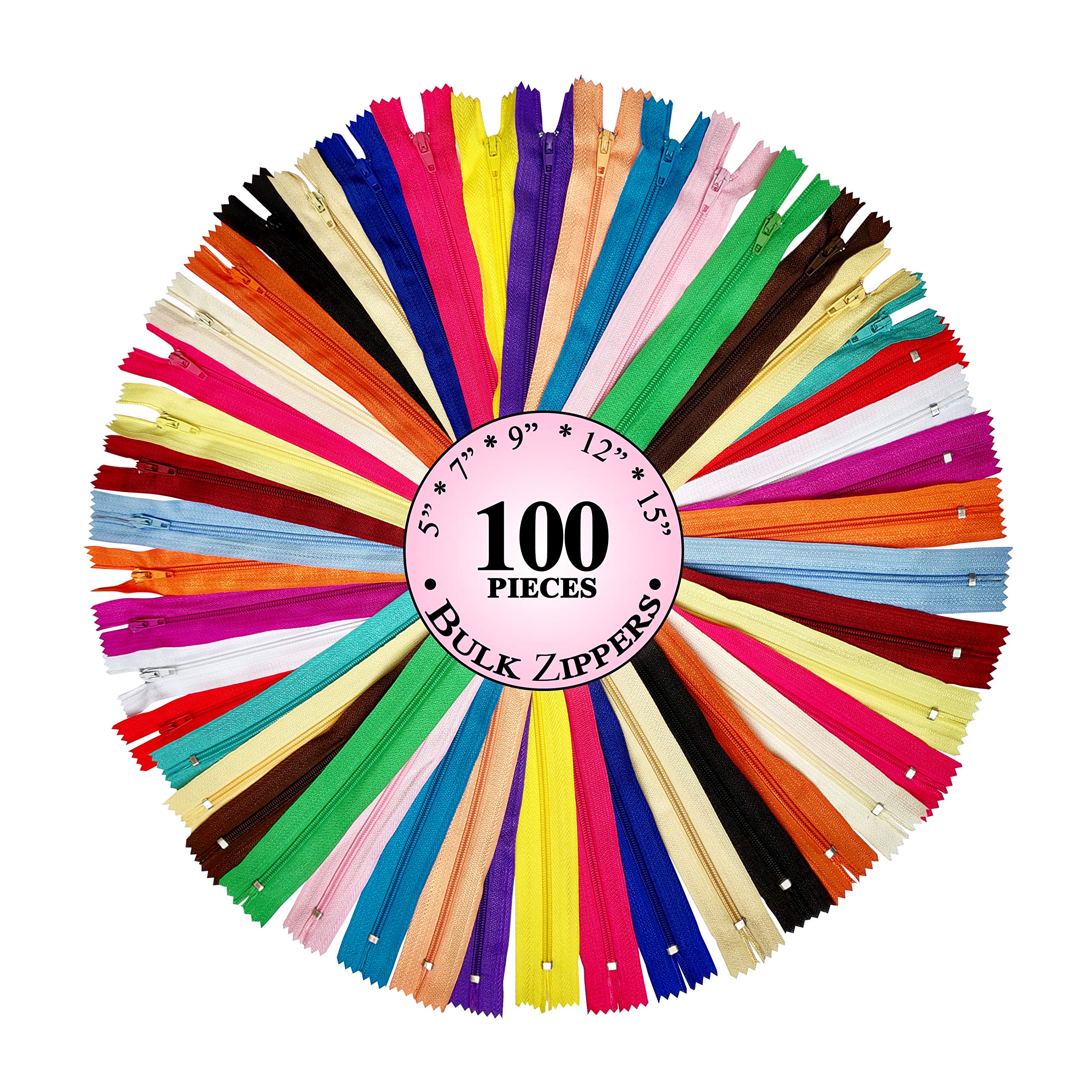 KGS Bulk #3 Nylon Zippers for Sewing Crafts | Variety Pack | 20 Assorted Colors | 5 Different Sizes | 100 Pieces per Pack | 5+7+9+12+15 Inches