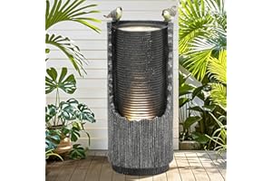 Autodaya 32" Rustic Cracked Jar Water Fountain Outdoor with LED Lights, Polyresin Freestanding Waterfall Feature, Tranquil Oasis for Garden, Patio, Yard, or Porch